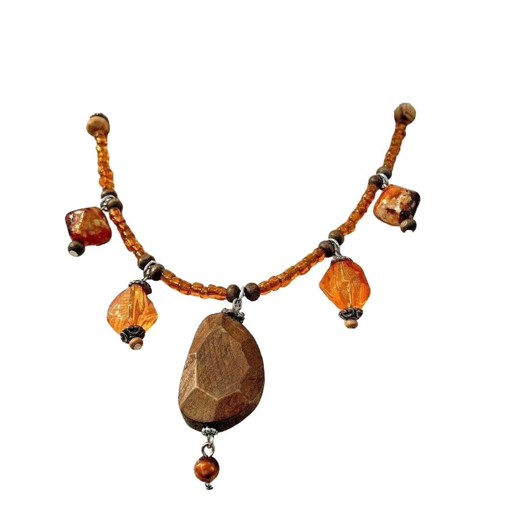Necklace Orange Acrylic and Brown‎ Wooden Beads Adjustable 18-21" Boho Chic
